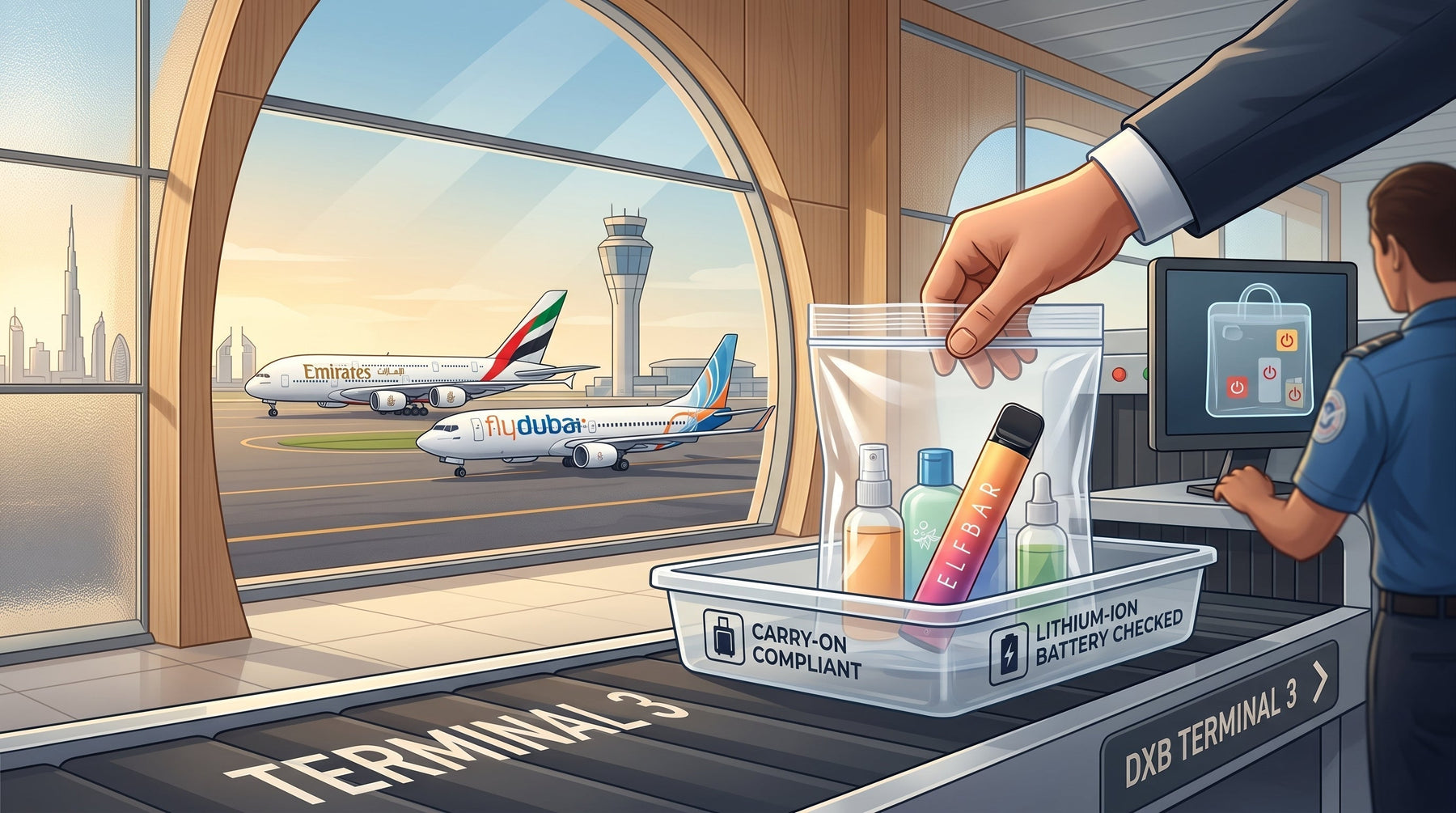 Can you bring a disposable vape on a plane carry-on security tray guide DXB airport
