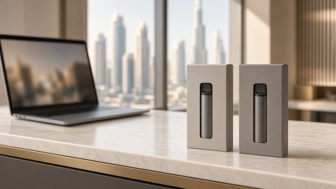 Buying vape online versus vape shop in the UAE laptop checkout next to retail counter