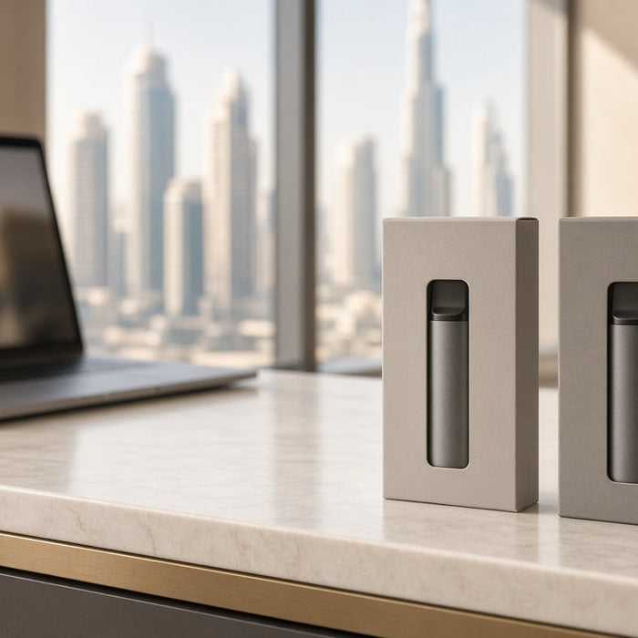 Buying vape online versus vape shop in the UAE laptop checkout next to retail counter