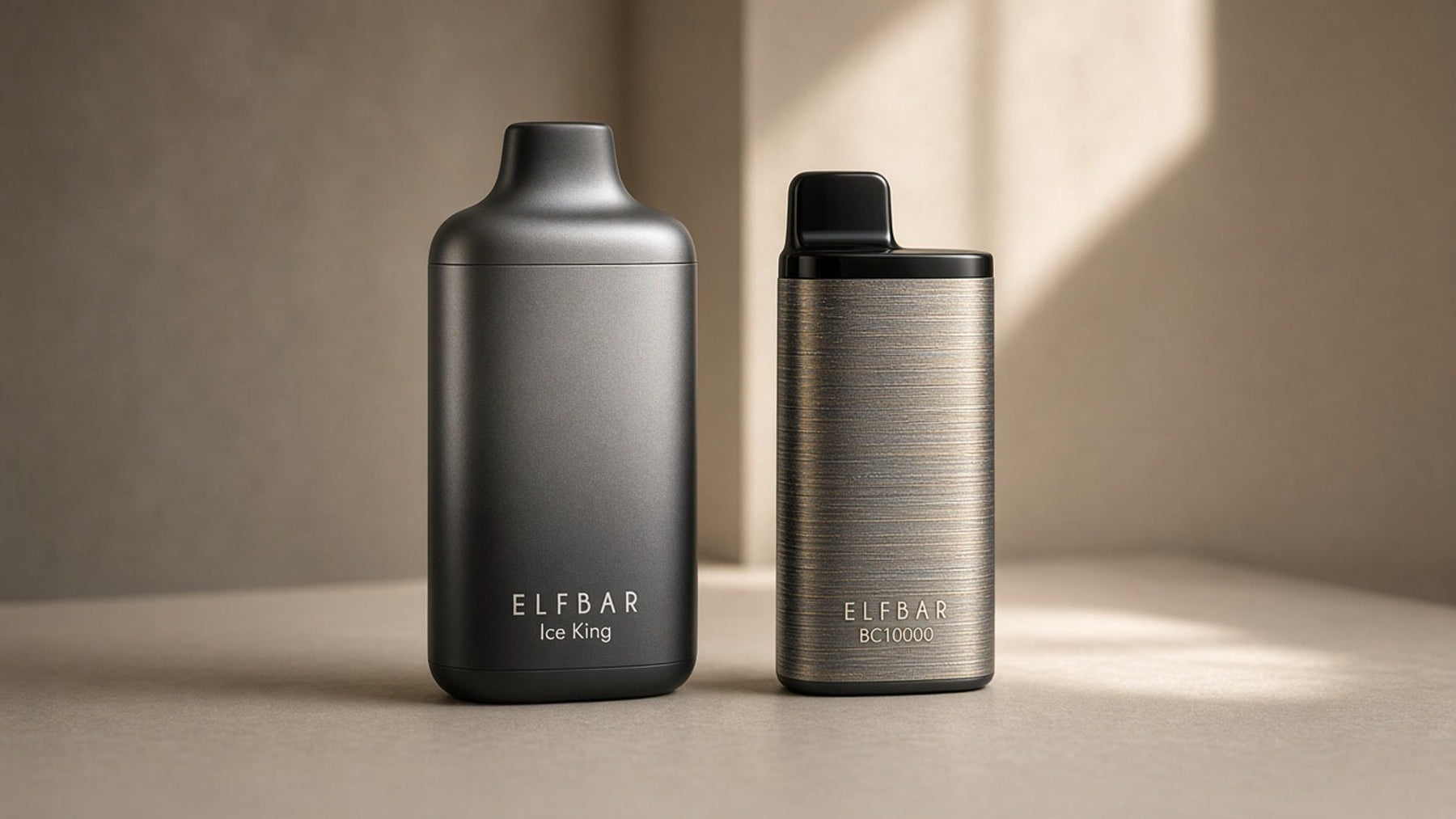 ELFBAR Ice King versus BC10000 disposable vapes side-by-side comparison on studio table