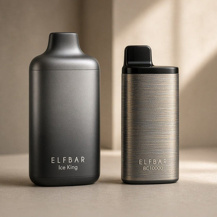 ELFBAR Ice King versus BC10000 disposable vapes side-by-side comparison on studio table
