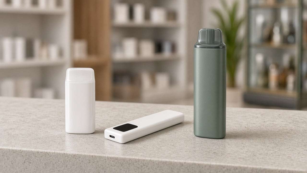 EW9000 prefilled pod versus disposable vape format comparison on clean retail table
